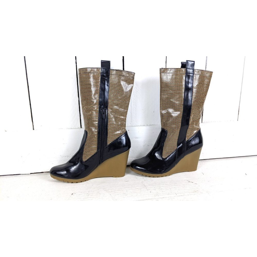 Tommy Hilfiger houndstooth blue patent tall wedge rain boots 8 M - Picture 4 of 8